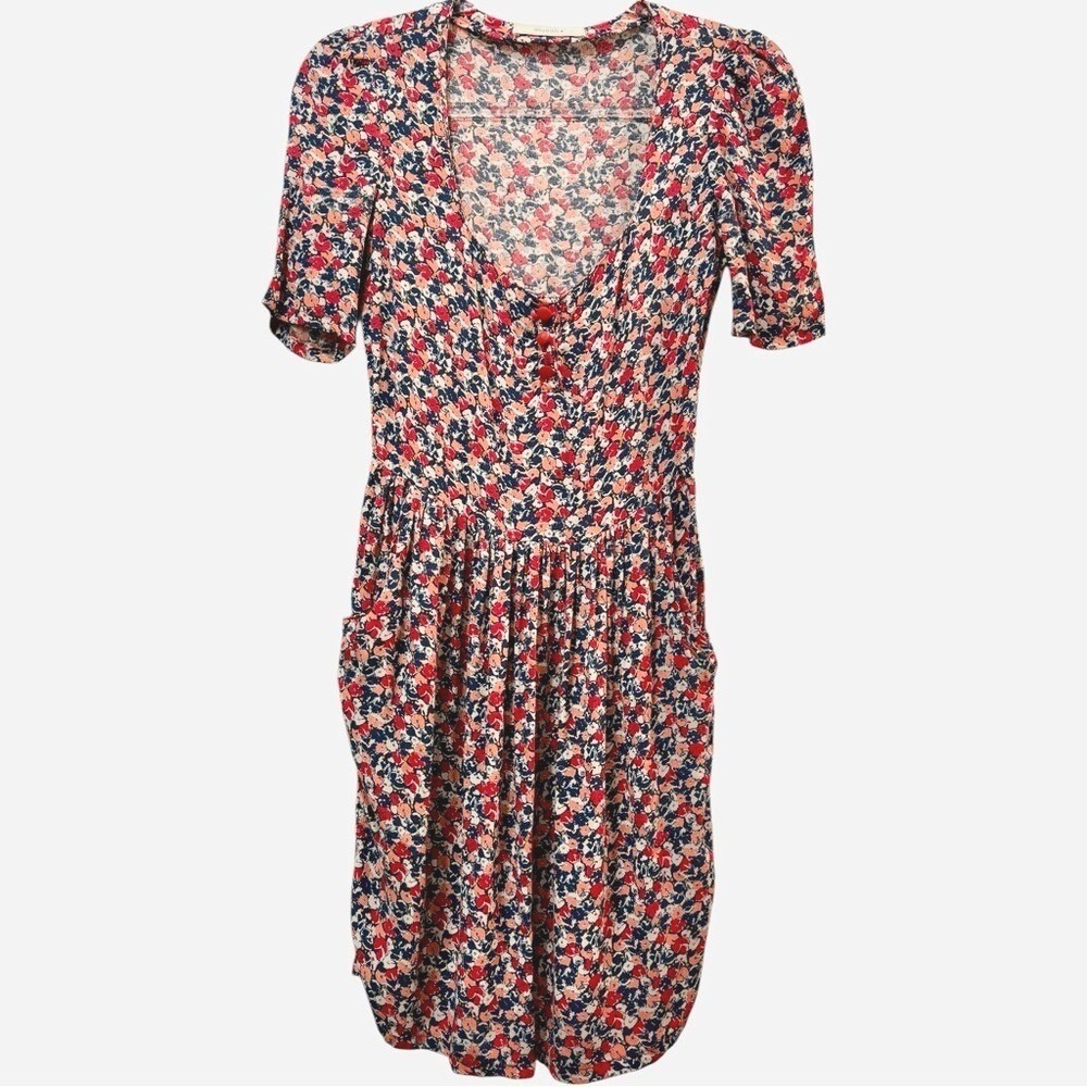 Sessun Blue / Red Poppy Floral Short Sleeve Shirt Mini Dress Size XS